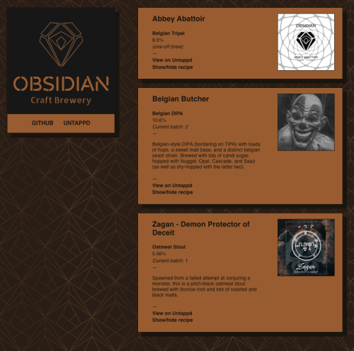 Obsidian Craft Brewery - homepage for a local homebrewery outside Stockholm, with open-source beer recipes.
The site uses H5BP and Normalize.css, and is built with Vue, Parcel, Google Firebase, PostCSS, and -prefix-free.
(DISCLAIMER: this is my own...