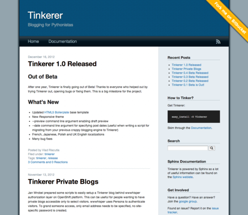 Tinkerer - Tinkerer is a blogging engine/static website generator powered by Sphinx.
It allows blogging in reStructuredText format, comes with out-of-the-box support for post publishing dates, authors, categories, tags, post archive, RSS feed generation, comments powered by Disqus and more.
